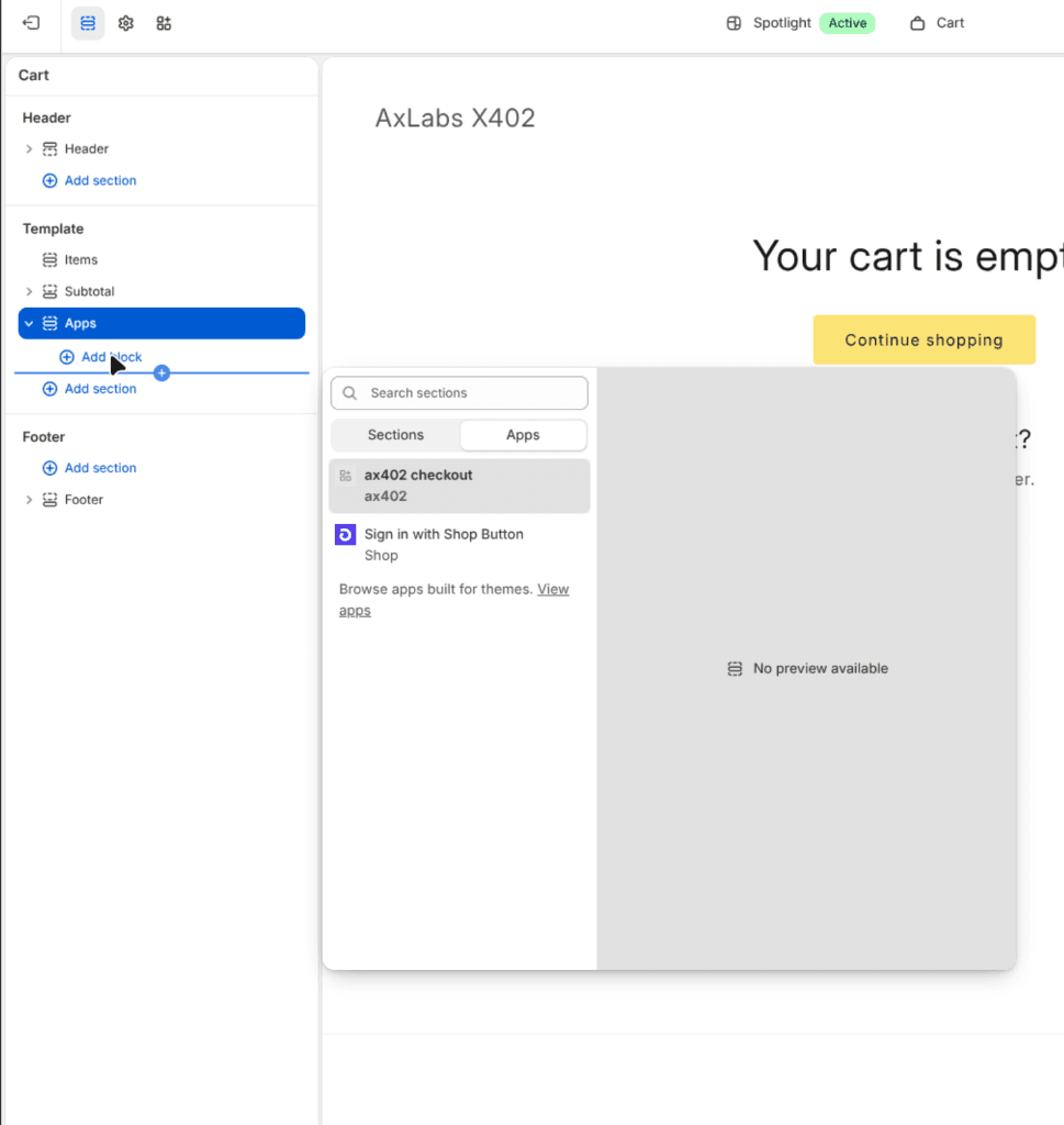 Add block dialog with the ax402 checkout app block