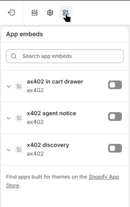 App embeds panel with ax402 in cart drawer, x402 agent notice, and x402 discovery