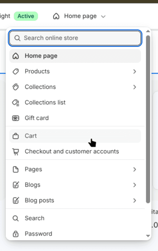 Theme editor page picker with Cart selected