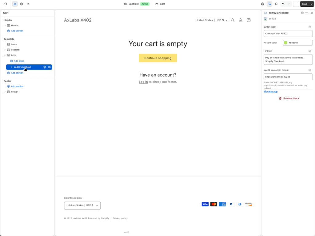Cart template with one ax402 checkout block and the origin set