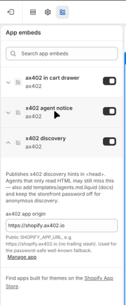 x402 discovery embed with the app origin set to https://shopify.ax402.io