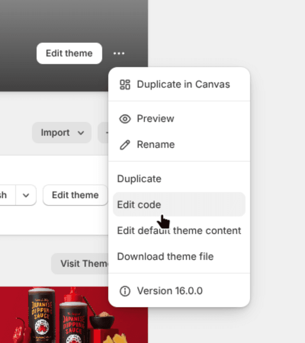 Theme actions menu with Edit code