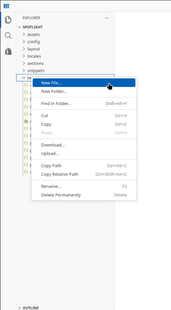 Templates folder context menu with New File